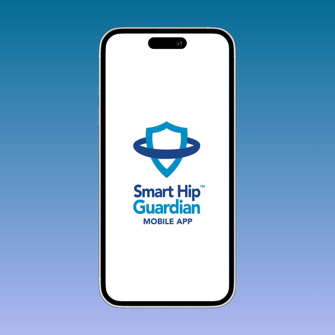 Smart phone with a screen of the Smart Hip Guardian logo and the words "Mobile App"